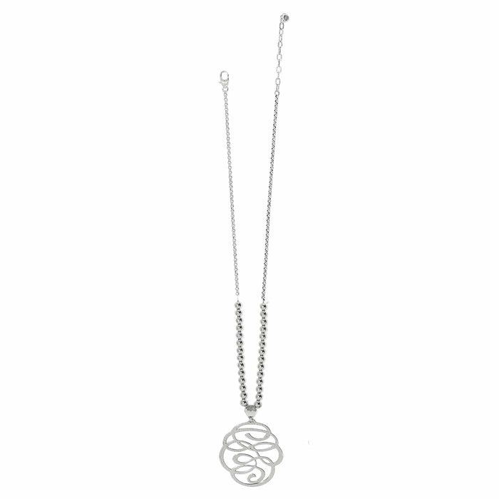 Brighton pendant necklace with silver-plated beaded chain and hammered swirl medallion pendant on a white background