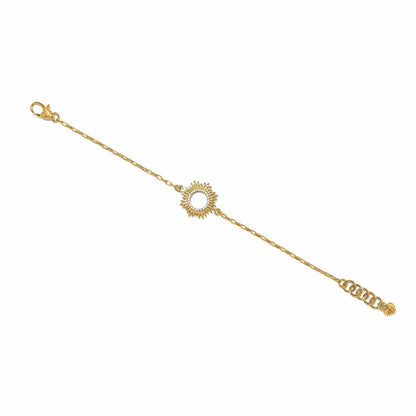 Brighton bracelet with gold-plated sunburst medallion, crystal accents, lobster clasp, and adjustable extender on a white background
