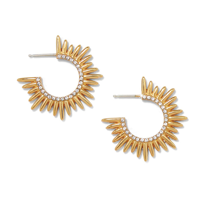 Brighton hoop earrings with gold-plated sunburst spikes and crystal-lined inner edges on a white background