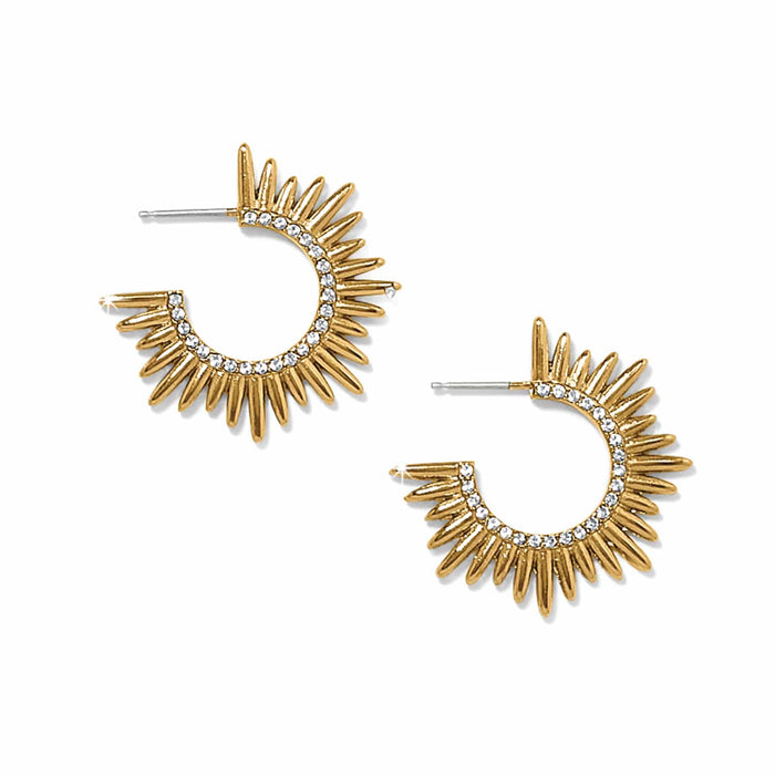 Brighton gold-plated hoop earrings with sunburst spike design and crystal pavé accents on a white background