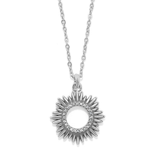 Brighton pendant necklace with silver-tone sunburst design and crystal-accented inner circle on a white background