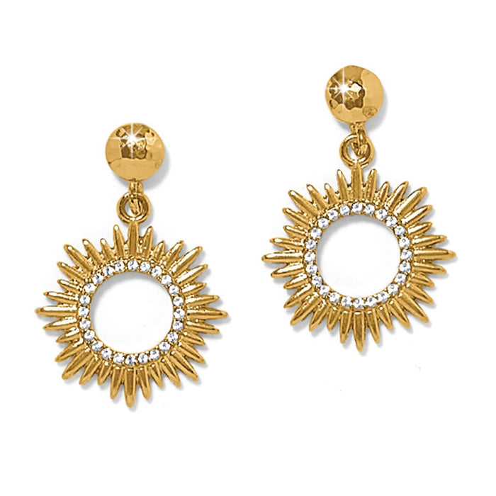 Brighton gold-plated drop earrings with sunburst design and crystal accents on a white background