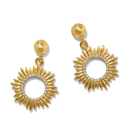 Brighton drop earrings with gold-plated sunburst design and crystal-lined inner circles on a white background