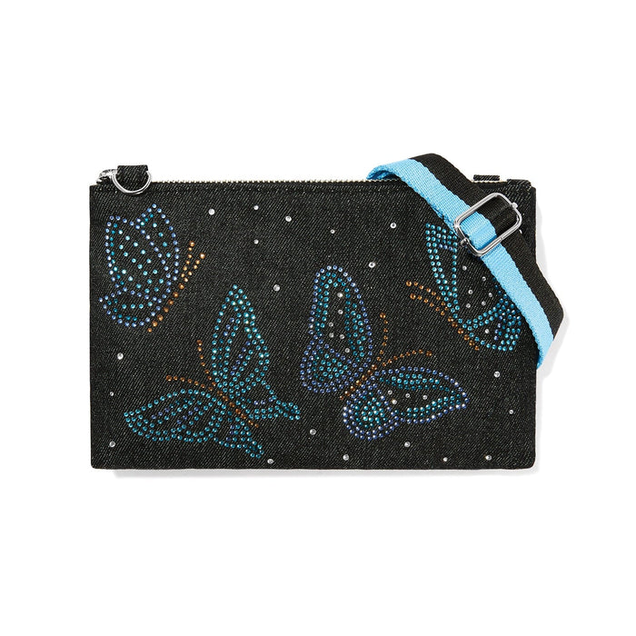 Brighton crossbody handbag in black denim with blue crystal butterfly designs and adjustable light blue strap on a white background