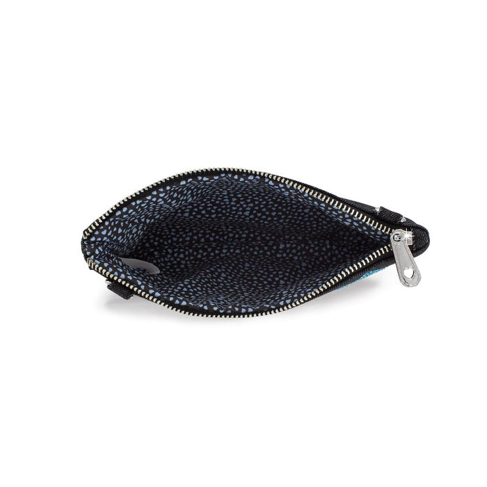 Brighton pouch shown open with blue and black heart print interior lining and silver-tone zipper on a white background