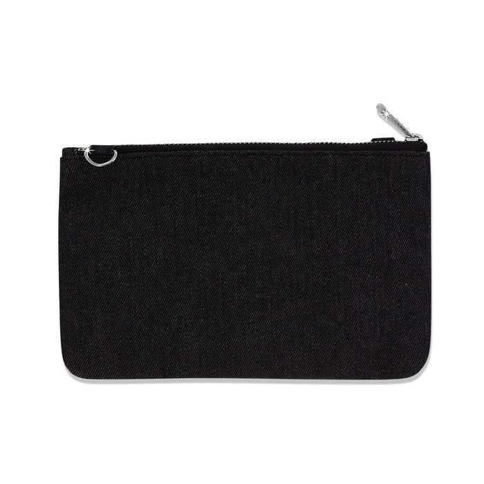 Brighton black denim zip pouch shown from the back with silver-tone D-ring and zipper pull on a white background