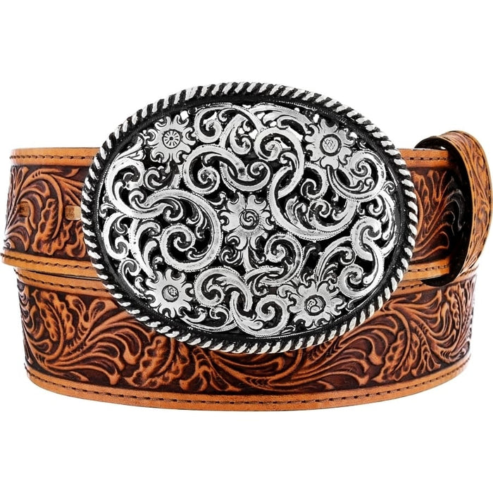 Brighton tooled leather belt with ornate oval silver-tone scrollwork buckle and floral embossed strap on a white background