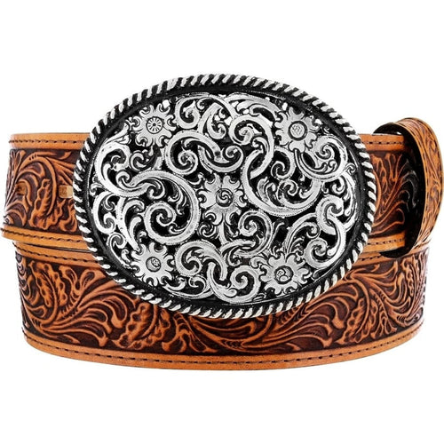 Brighton tooled leather belt with ornate oval silver-tone scrollwork buckle and floral embossed strap on a white background