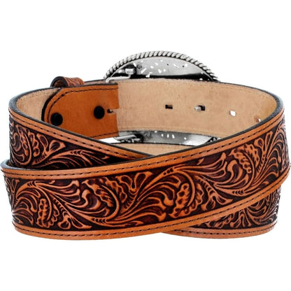Brighton tooled leather belt with floral scroll embossing and silver-tone round buckle on a white background
