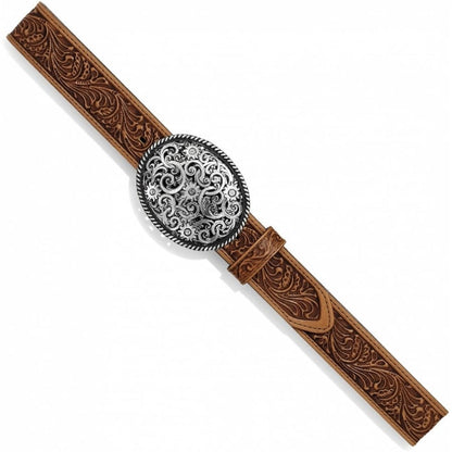 Brighton tooled leather belt with floral embossing and large round silver-tone medallion concho on a white background