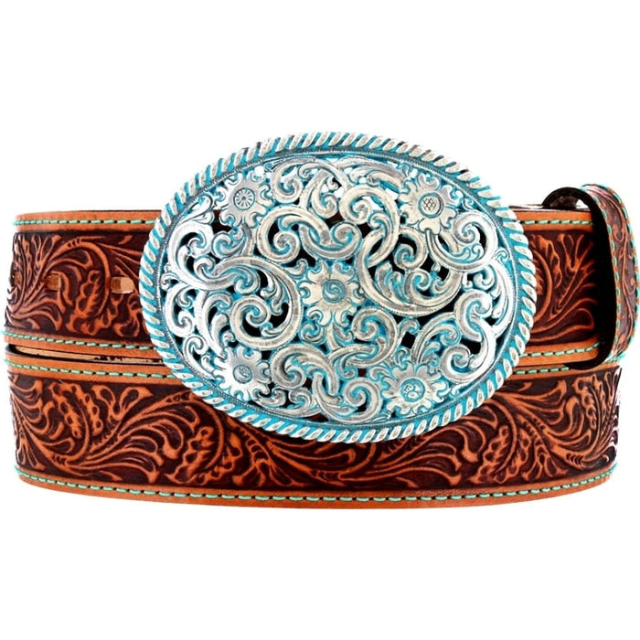 Brighton tooled leather belt with turquoise stitching and ornate silver-tone oval buckle with floral scrollwork on a white background