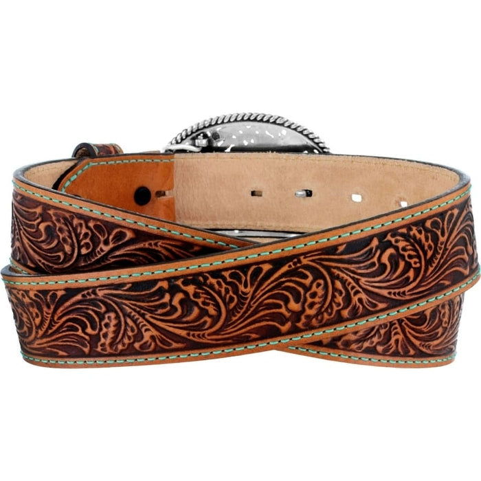Brighton leather belt with tooled floral design, turquoise stitching, and silver-tone buckle on a white background