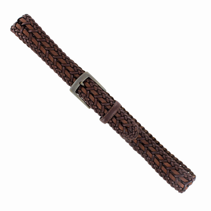 Brighton braided brown leather belt with antique-finish rectangular buckle and matching leather keeper loop on a white background