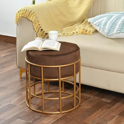 Stylish Brown Velvet Ottoman with Gold Metal Base - Perfect Accent Furniture for Living Room & Bedroom
