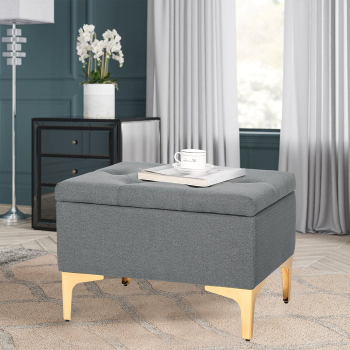 Stylish Grey Tufted Storage Ottoman with Gold Legs - Perfect for Living Room Versatile Home Furniture