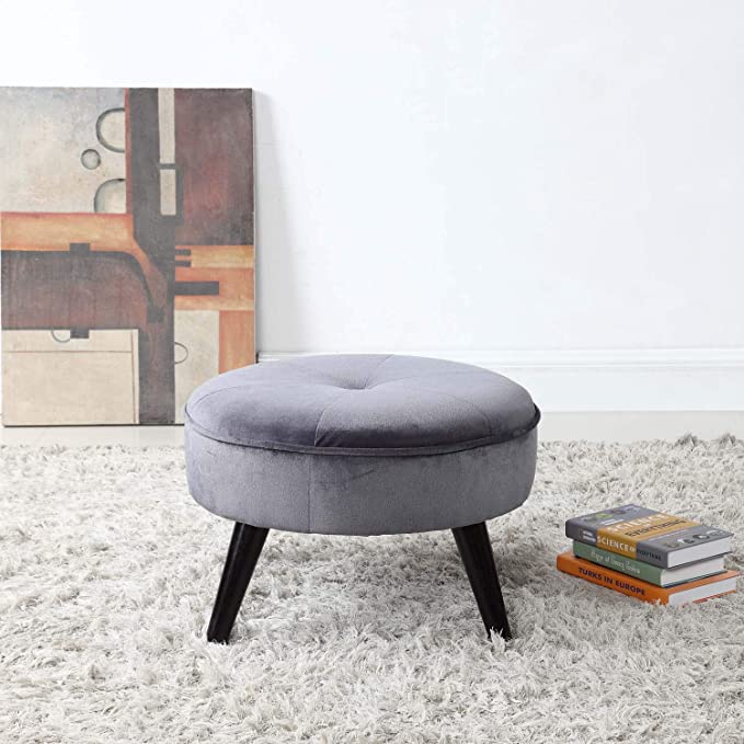 Stylish Grey Velvet Ottoman Pouffe and Round Tufted Footrest Stool with Wooden Legs for Living Room