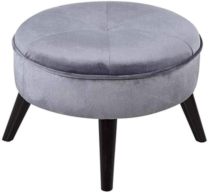 Stylish Grey Velvet Ottoman Pouffe and Round Tufted Footrest Stool with Wooden Legs for Living Room