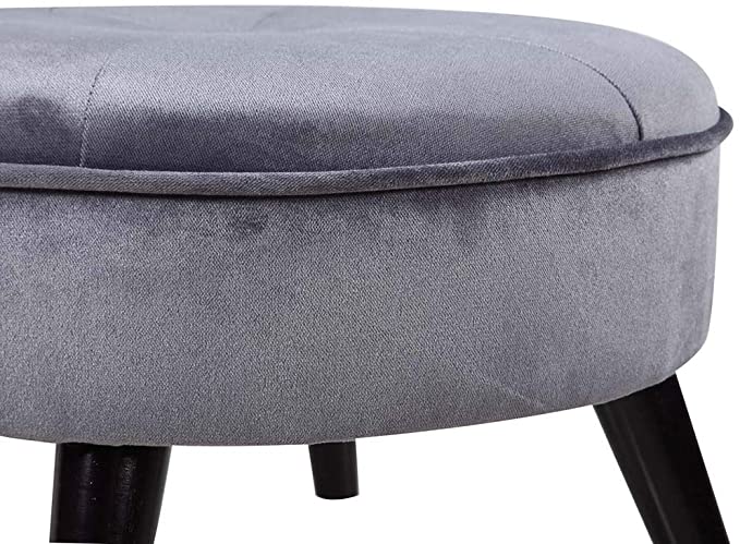Stylish Grey Velvet Ottoman Pouffe and Round Tufted Footrest Stool with Wooden Legs for Living Room