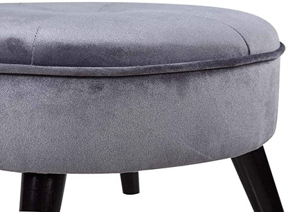 Stylish Grey Velvet Ottoman Pouffe and Round Tufted Footrest Stool with Wooden Legs for Living Room