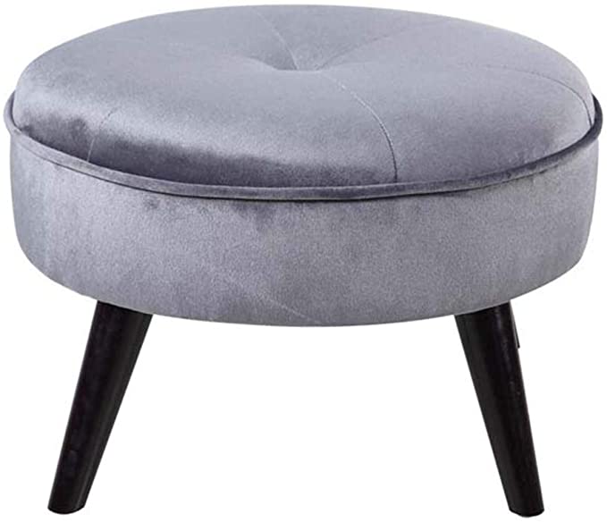 Stylish Grey Velvet Ottoman Pouffe and Round Tufted Footrest Stool with Wooden Legs for Living Room