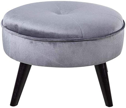 Stylish Grey Velvet Ottoman Pouffe and Round Tufted Footrest Stool with Wooden Legs for Living Room