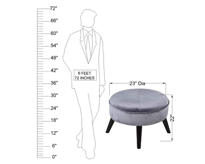 Stylish Grey Velvet Ottoman Pouffe and Round Tufted Footrest Stool with Wooden Legs for Living Room