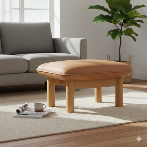 Stylish Tan Leather & Oak Ottoman Pouffe – Comfortable Footrest & Extra Seating for Modern Homes
