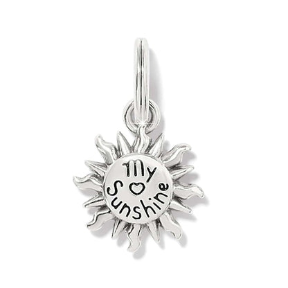 Brighton sun charm with silver-plated finish and engraved My Sunshine text with heart detail on a white background