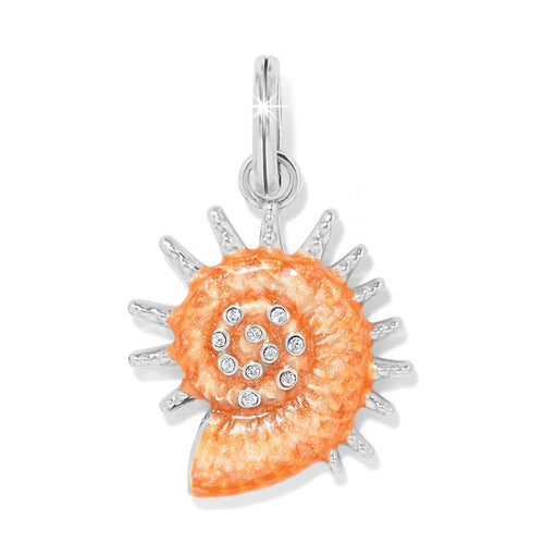 Brighton seashell charm with orange enamel, silver-plated spiked accents, and crystal spiral detail on a white background