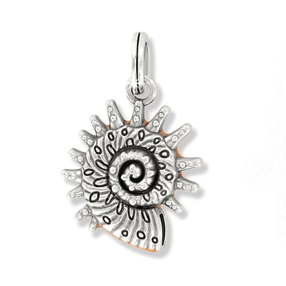 Brighton spiral shell charm pendant with silver-plated finish and engraved textured detail on a white background