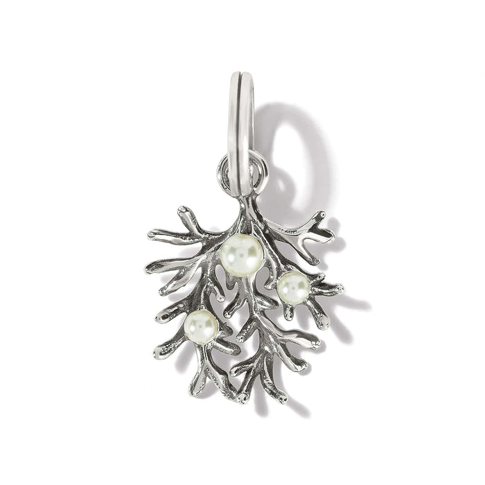 Brighton coral branch charm with silver-plated finish and three glass pearl accents on a white background