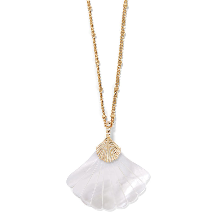 Brighton pendant necklace with white shell charm and gold-plated scallop accent on beaded chain on a white background