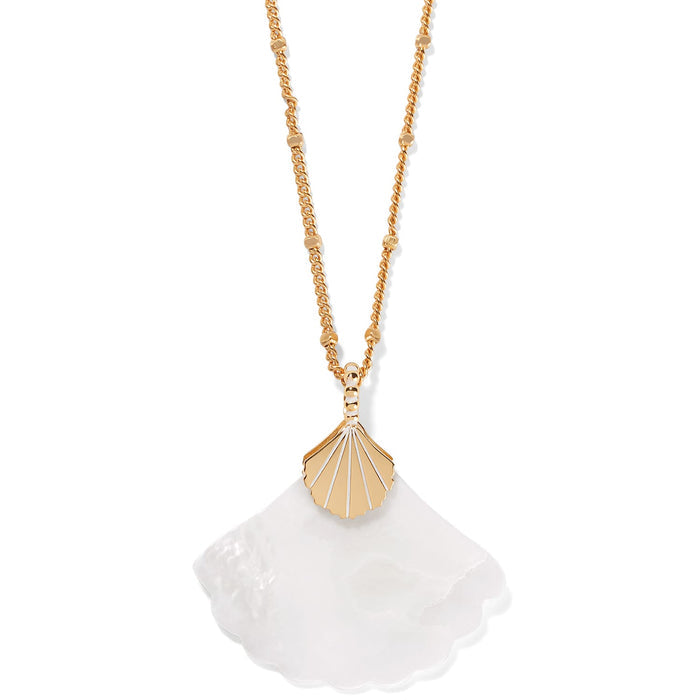 Brighton pendant necklace with gold-plated shell charm and mother-of-pearl fan drop on a white background