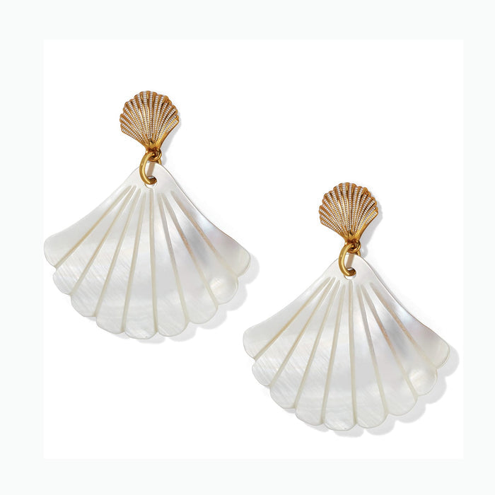 Brighton drop earrings with gold-plated shell studs and large mother-of-pearl fan-shaped shells on a white background