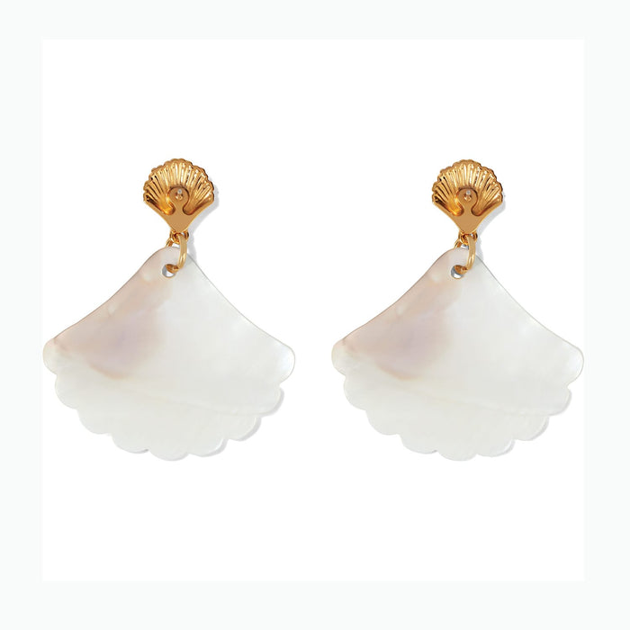 Brighton drop earrings with gold-plated shell studs and scalloped mother-of-pearl fan-shaped pendants on a white background