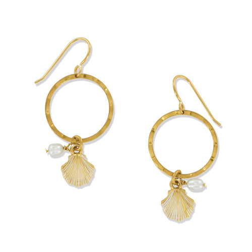 Brighton hoop earrings with gold-plated shell charms and rice pearl accents on a white background