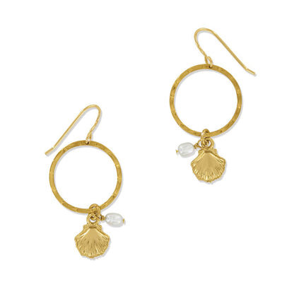Brighton hoop earrings with gold-plated hammered rings, scallop shell charms, and rice pearl accents on a white background