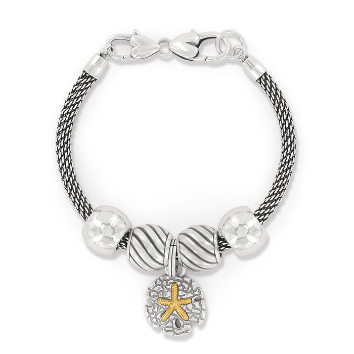 Brighton charm bracelet with silver-plated beads and gold starfish sand dollar pendant on a white background