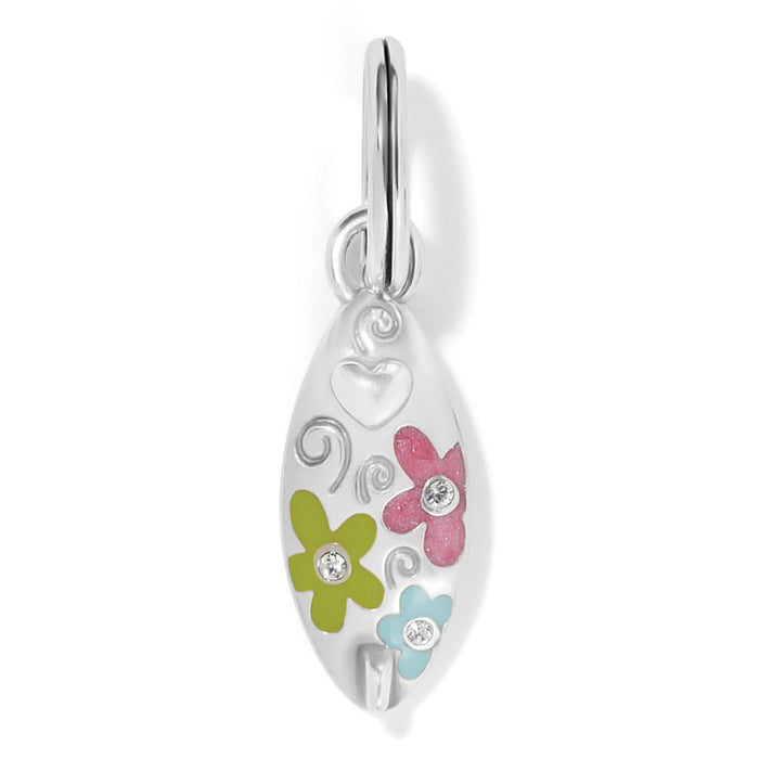 Brighton charm with enamel pink, green, and blue flowers, crystal accents, and heart detail on a white background