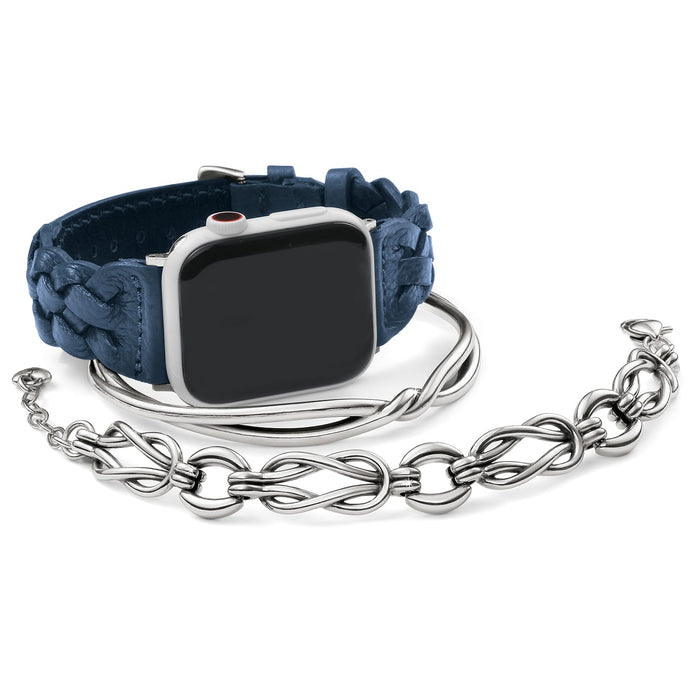 Brighton watch band in braided blue leather with silver-plated chain accent and buckle closure on a white background