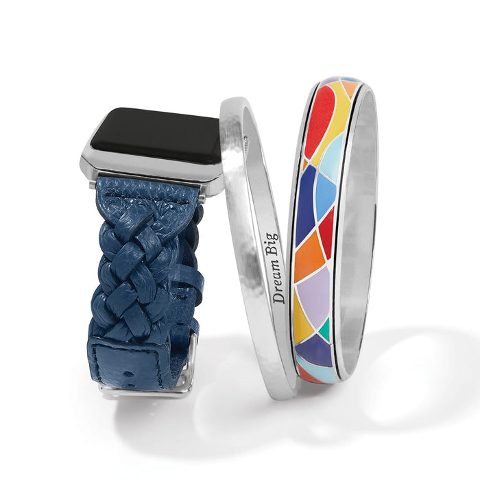 Brighton watch band with navy braided leather strap and two silver-plated bangles with colorful enamel design on a white background
