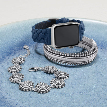 Brighton watchband with blue braided leather and silver-plated buckle styled with bangles and a floral link bracelet