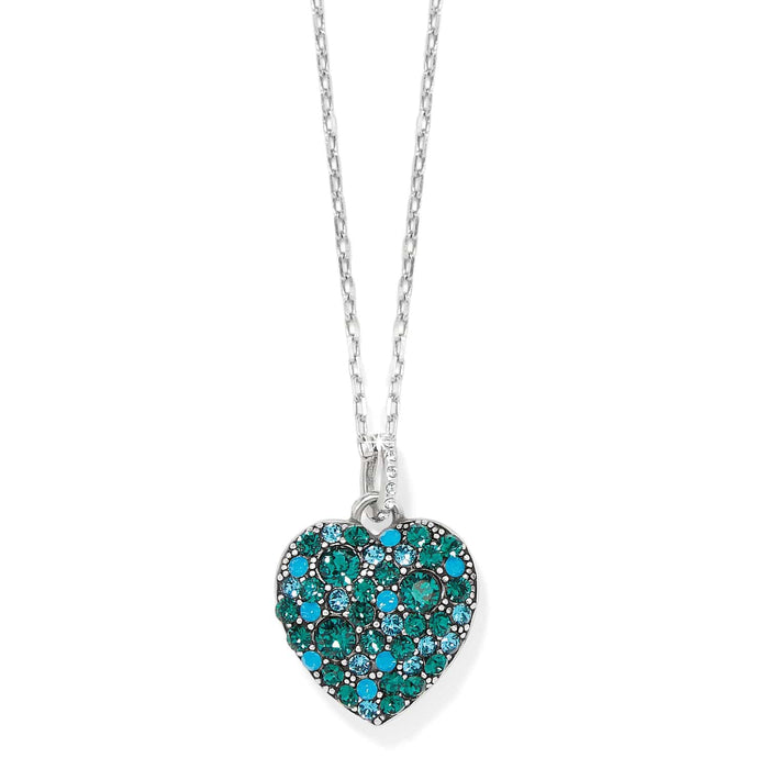 Brighton heart pendant necklace with green and blue crystals on silver-plated chain on a white background