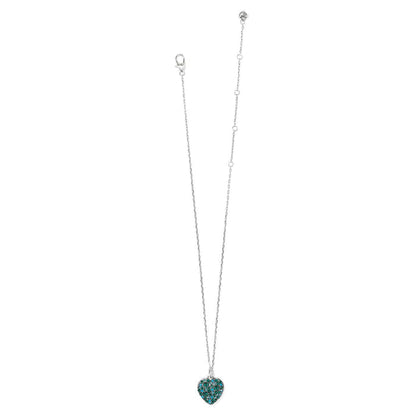 Brighton heart pendant necklace with turquoise and teal crystals on a silver-plated chain on a white background