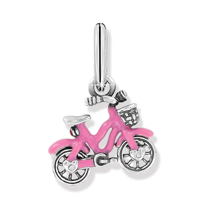 Brighton bicycle charm with pink enamel frame, silver-plated wheels, basket, and handlebars on a white background