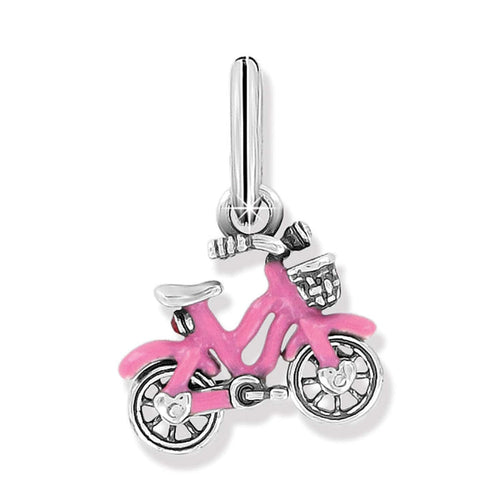 Brighton bicycle charm with pink enamel frame, silver-plated wheels, basket, and handlebars on a white background