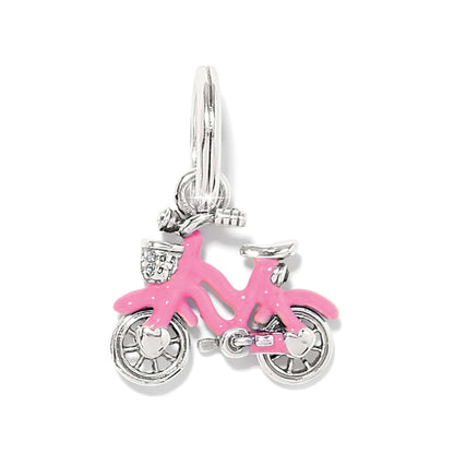 Brighton bicycle charm with pink enamel frame, silver-plated wheels, and crystal-accented basket on a white background