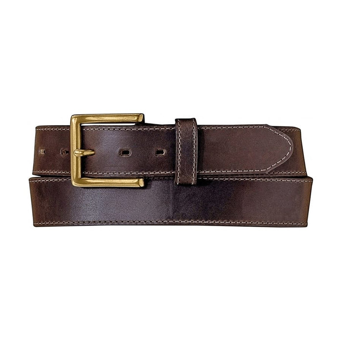 Brighton brown leather belt with gold-tone buckle, stitched edges, and single loop on a white background