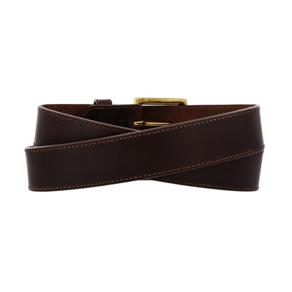 Brighton dark brown leather belt with stitched edges and gold-tone buckle, coiled on a white background