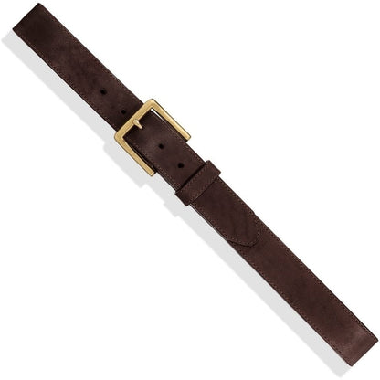 Brighton dark brown leather belt with rectangular gold-tone buckle and stitched edge detail on a white background